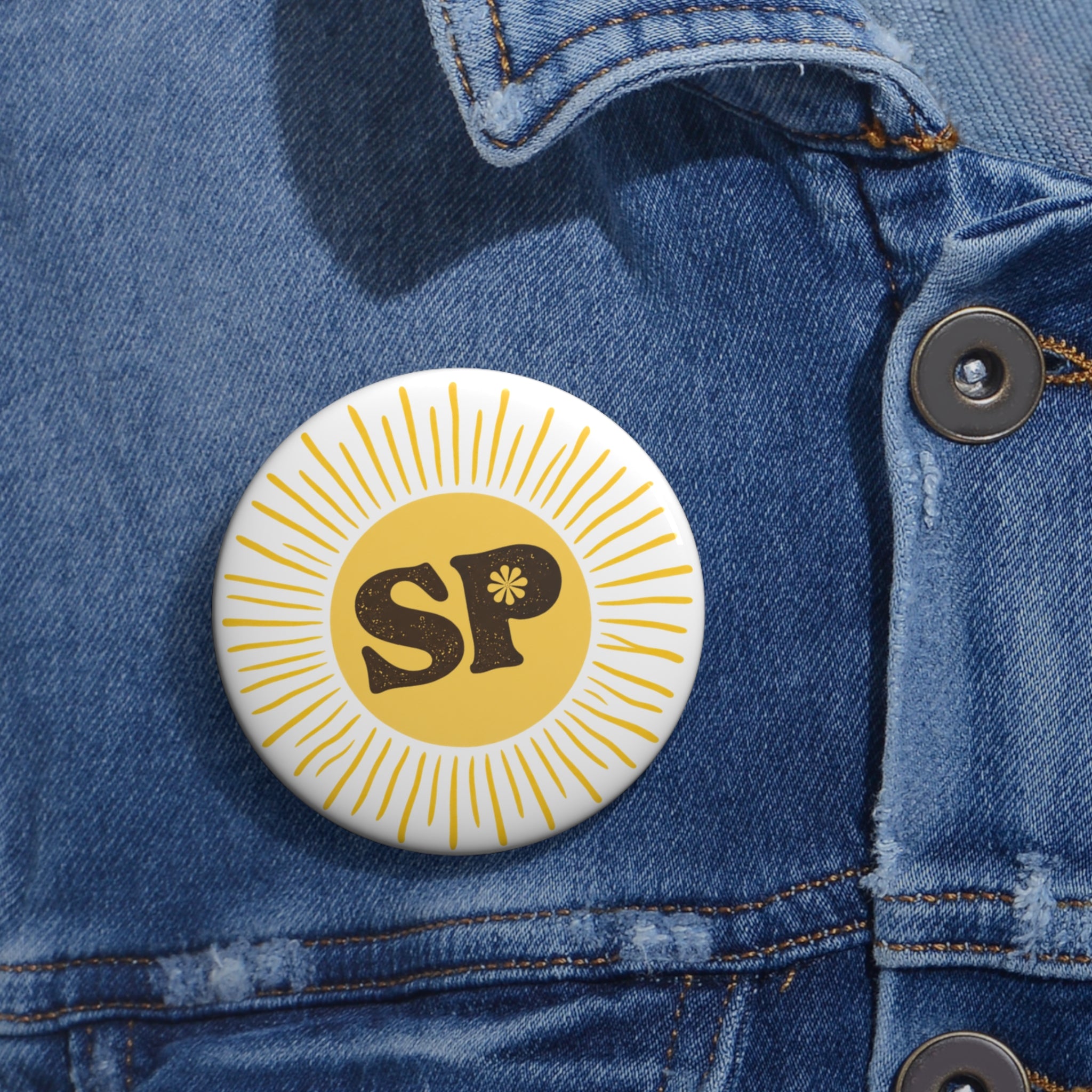 SP Flower Logo Pin Button — Retro Black & White Enamel Badge